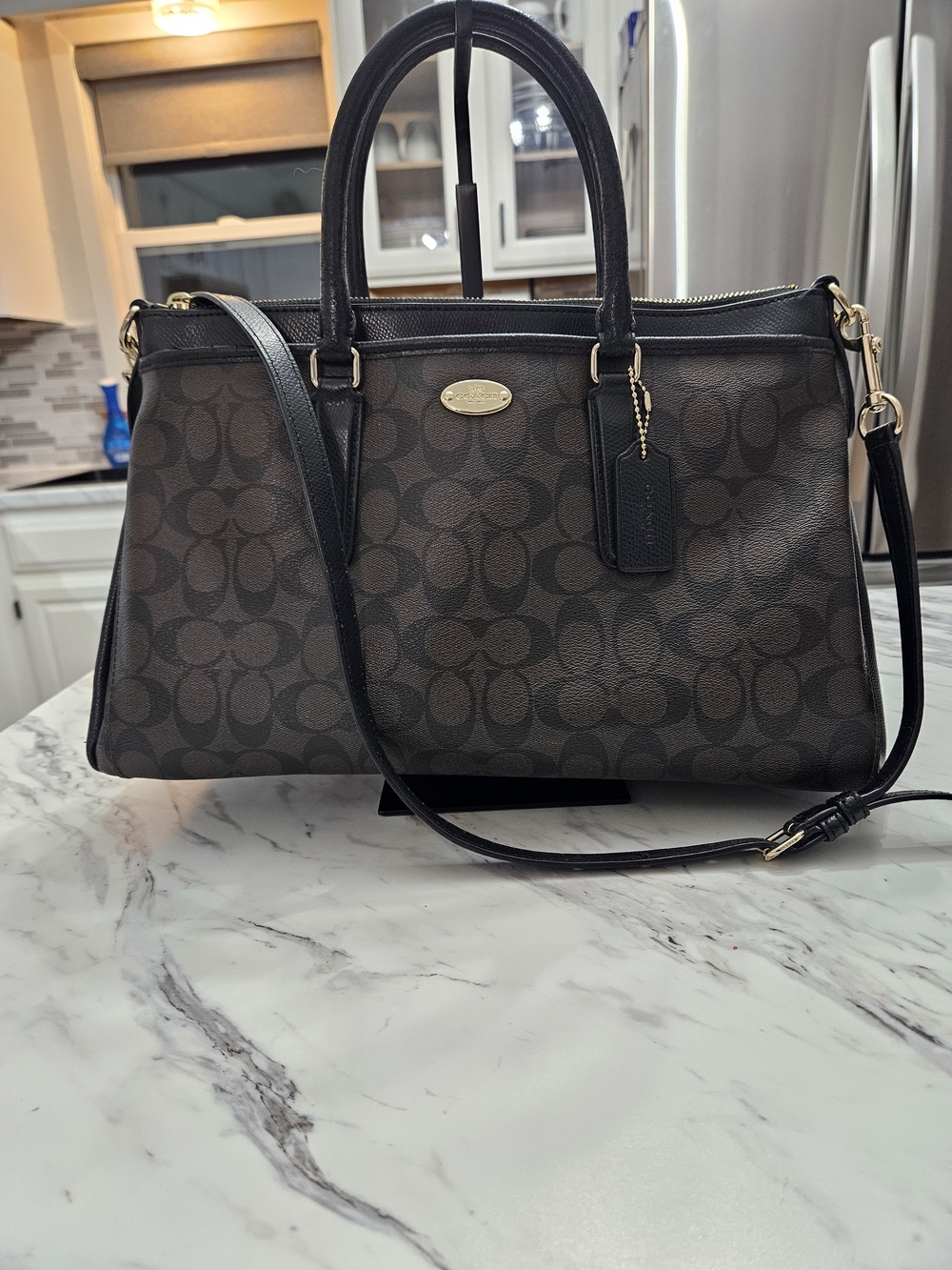 Coach Brown Signature Canvas Satchel with Black Trim